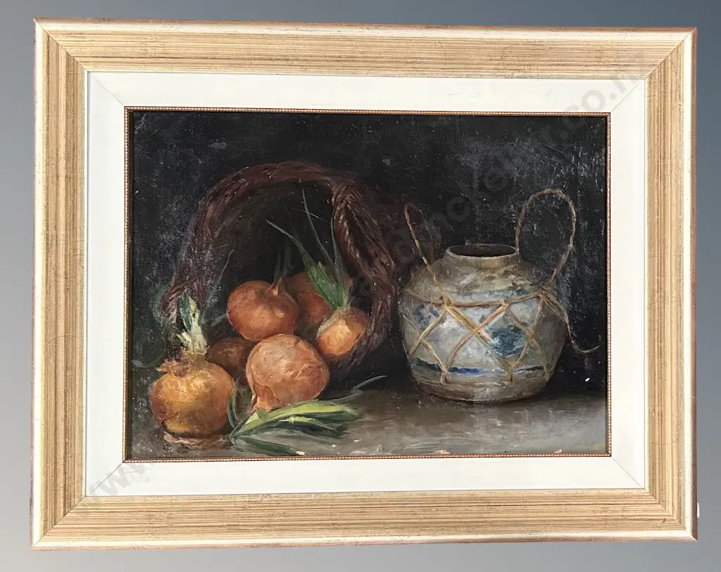Signed Lower Left - Still Life, Onions and Pot, oil on canvas, 400x555mm Image 1++