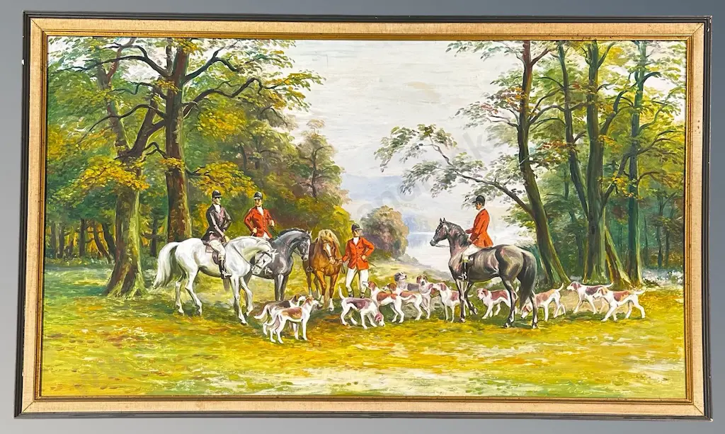 Signed lower right - The Hunt, oil on board, 595x1060mm Image 1++
