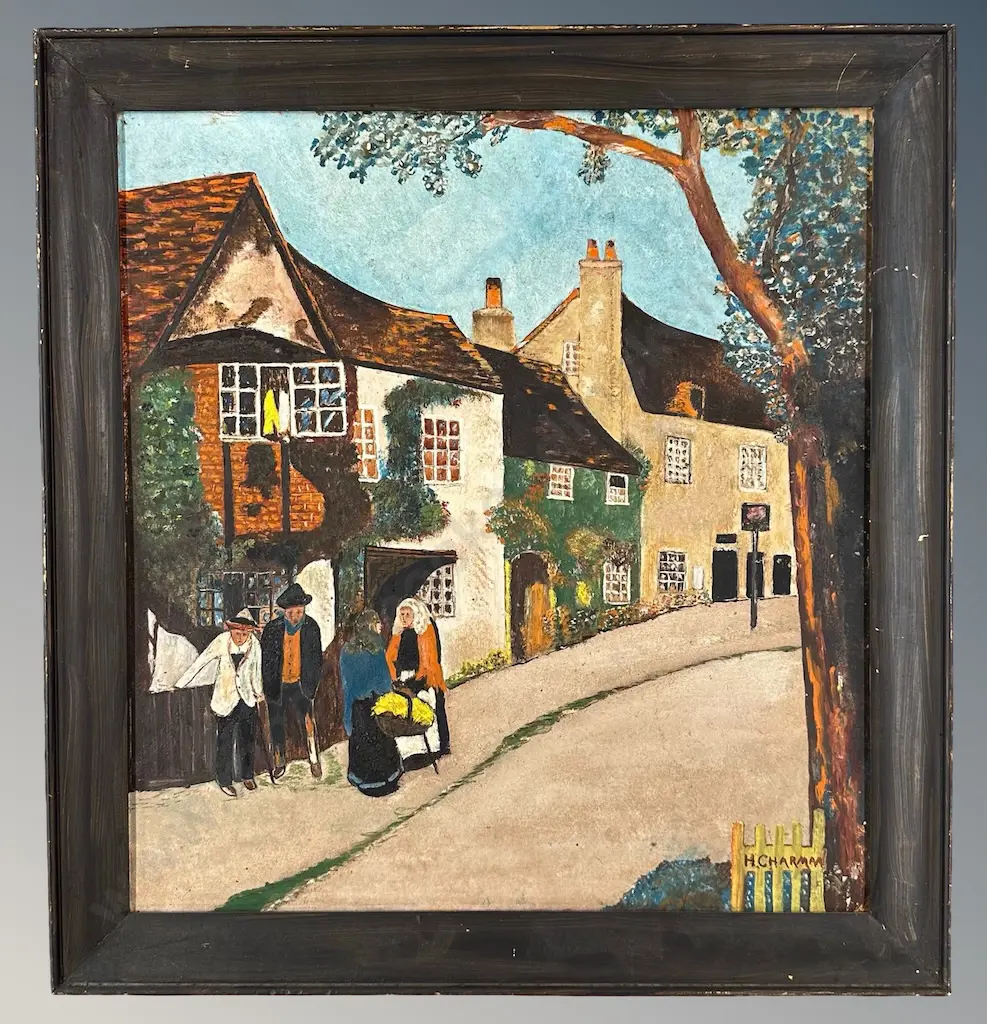 H Charman - Village Street Scene, oil on board, 360x340mm Image 1++