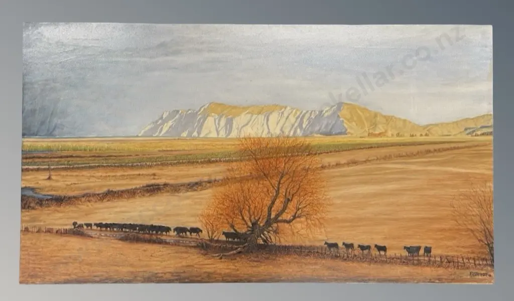 R J Stringer - Feeding the Cattle, 1983, oil on canvas, 760x1370mm Image 1++
