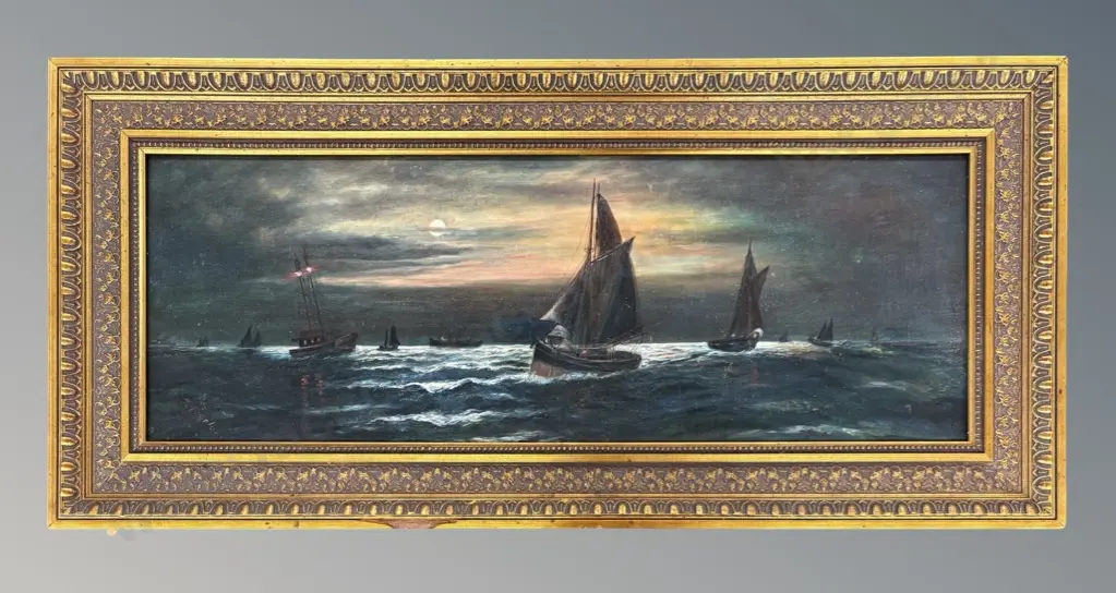 J Balfour - Ships at Nightfall, oil on board, 330x940mm Image 1++