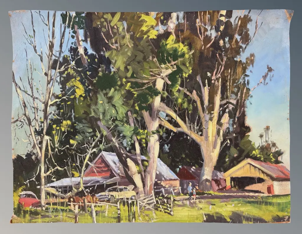 Unsigned - Farm Sheds under the Blue Gums, oil on canvas, 640x840mm Image 1++