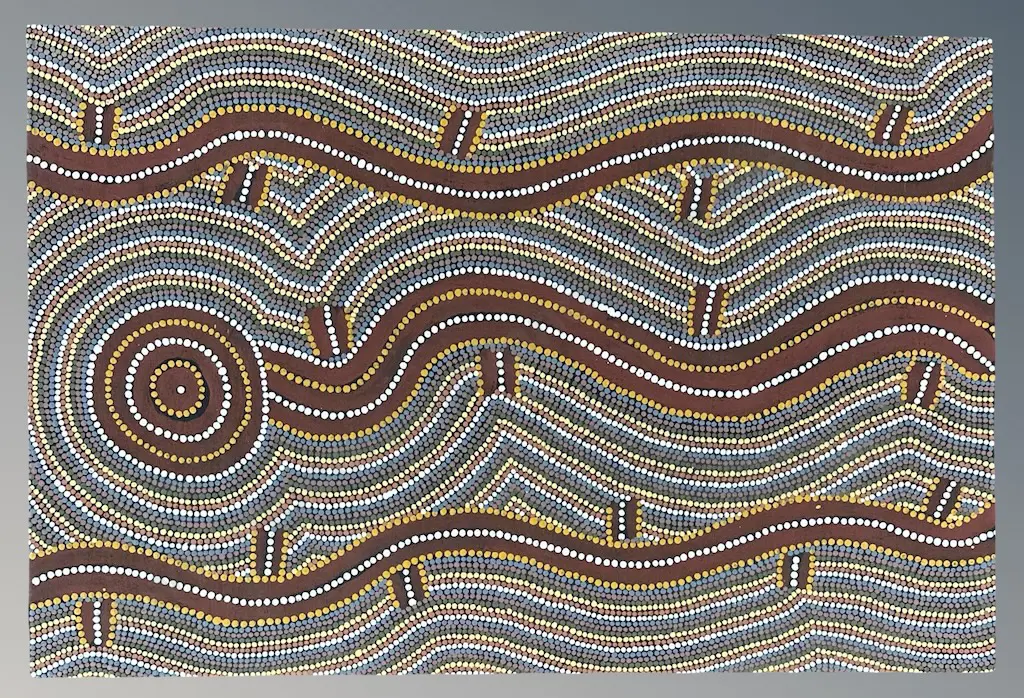 Long Jack Phillipus Tjakamarra - Kalipinpa Water Dreaming, acrylic on canvas, 600x900mm Image 1++