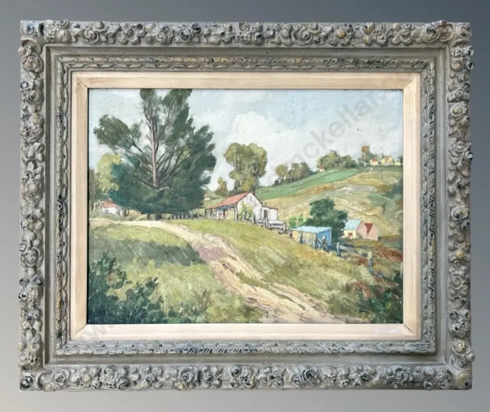 Unsigned - Farm Buildings and Rolling Hills, oil on canvas, 290x390mm Image 1++