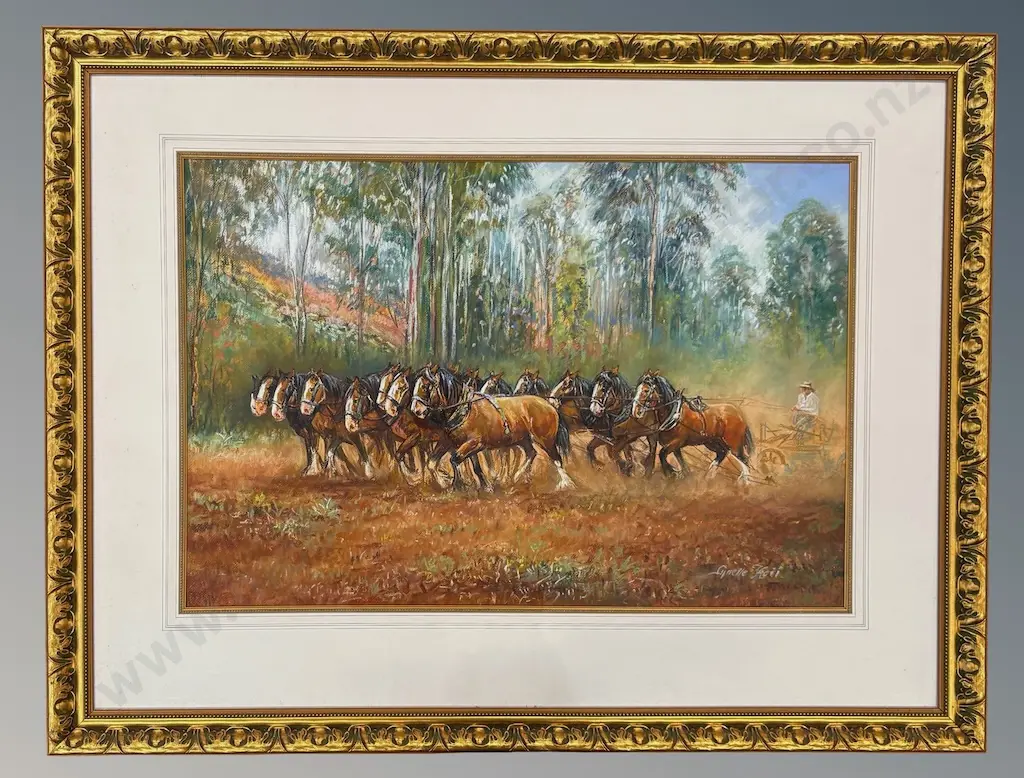 Lynette Koci - Draft Horse Team in Bush Setting, oil on board, 580x870mm Image 1++