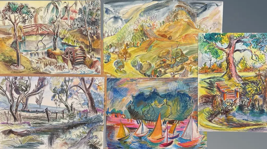 Assortment of Unframed Barbara Blakemore Fowler Paintings - Treescapes and Boats Image 1++