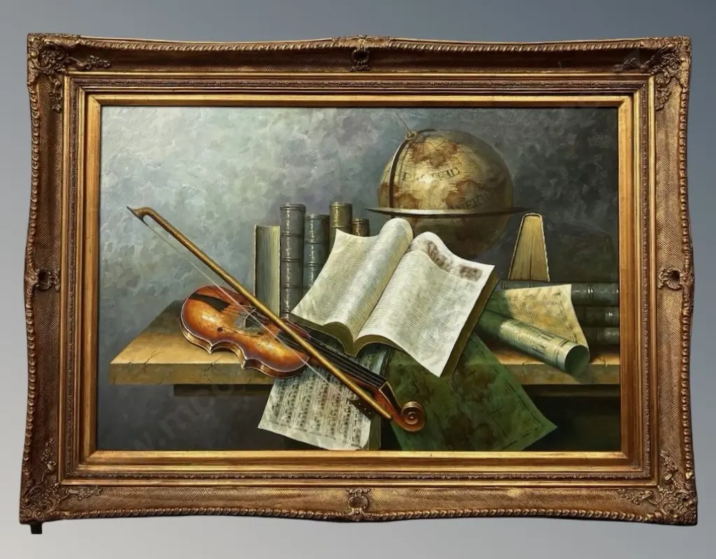 Unsigned - Still Life - Violin, Books & Globe, oil on board, 590x900mm Image 1++