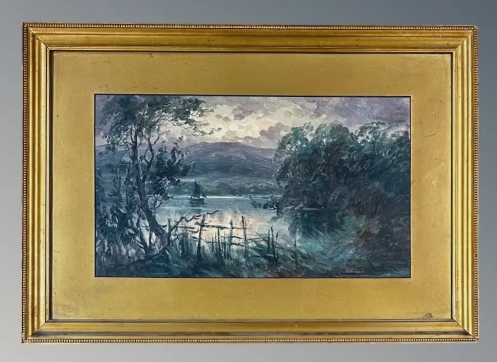 W A Bollard - Boat in Evening Light, oil on board, 270x480mm Image 1++