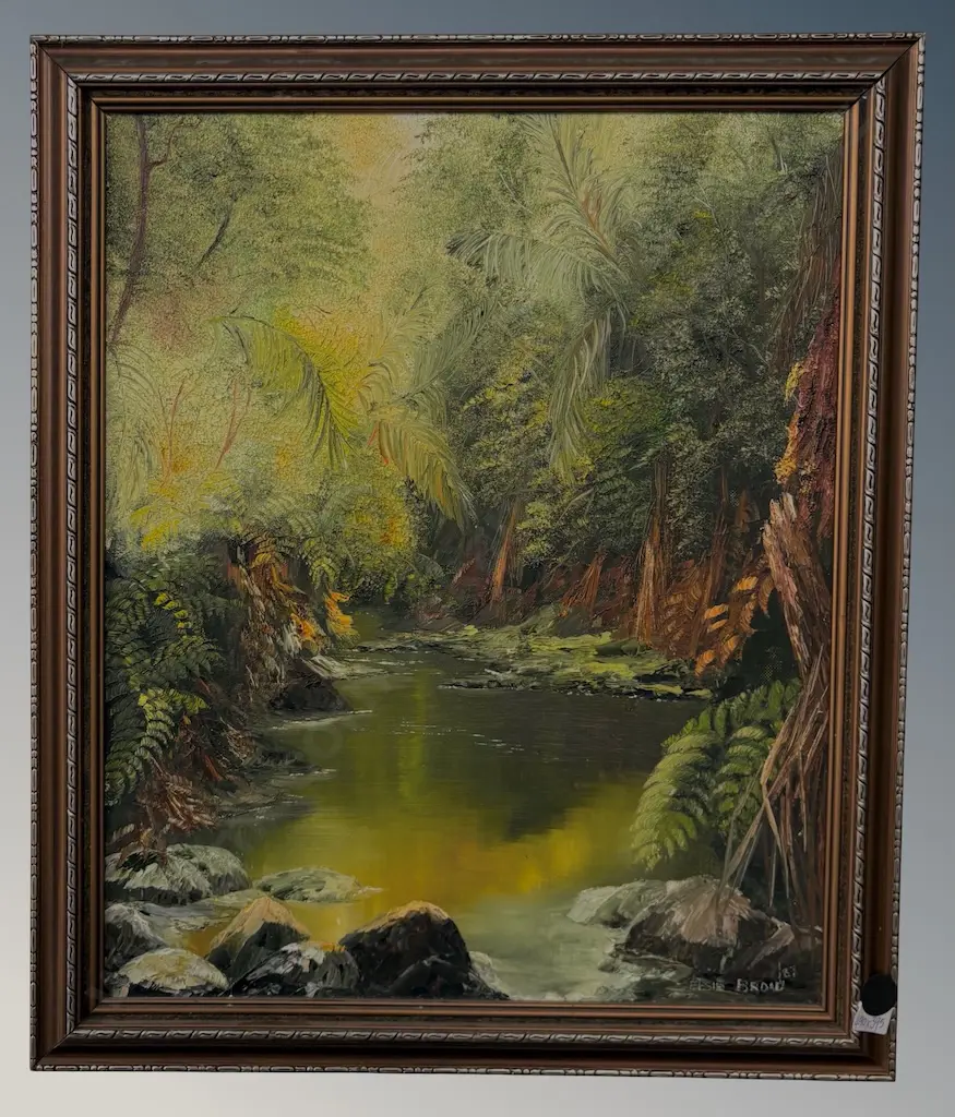 Elsie Broad - River at Morere Springs, oil on board, 490x395mm Image 1++
