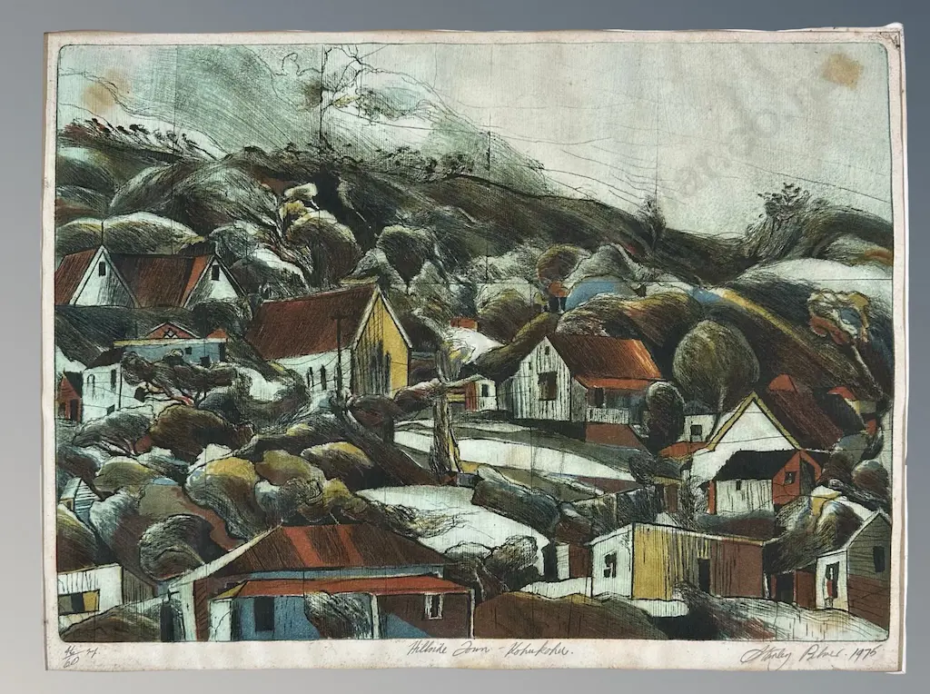 Stanley Palmer - Hillside Town, Kohukohu, 46/60 work on paper (AF water damage) 420x550mm Image 1++