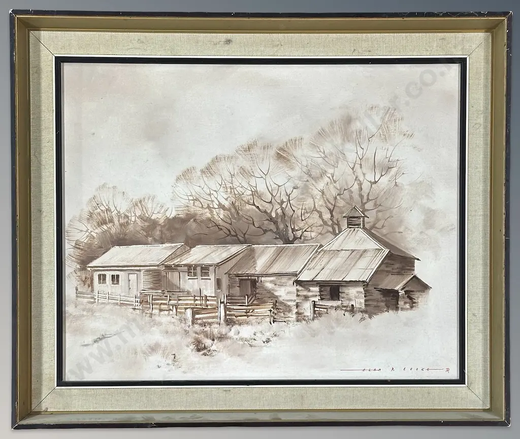 Alan D Cooke - Old Farm Buildings, Mill Creek, Wakatipu, oil on board, 395x490mm Image 1++