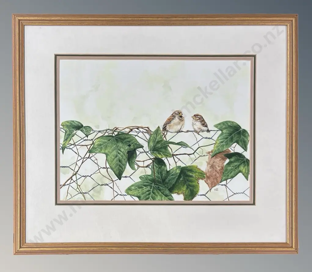 Trevor Platt (2) - Sparrow and Rose, Sparrows on Fence Wire, watercolour on paper, 340x275mm, 295x400mm Image 1++