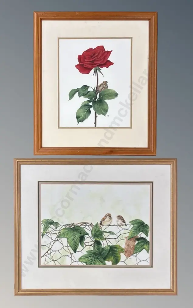 Trevor Platt (2) - Sparrow and Rose, Sparrows on Fence Wire, watercolour on paper, 340x275mm, 295x400mm Image 1++
