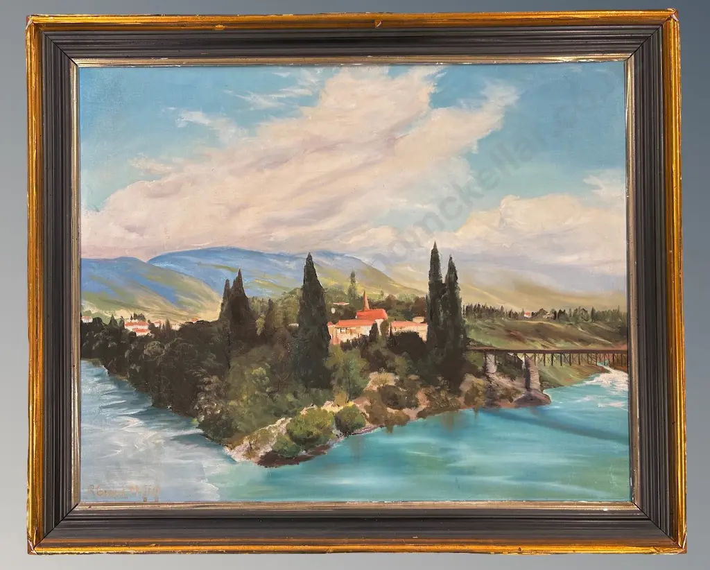 R Grant Moffat - Village by the River, oil on board, 600x765mm Image 1++