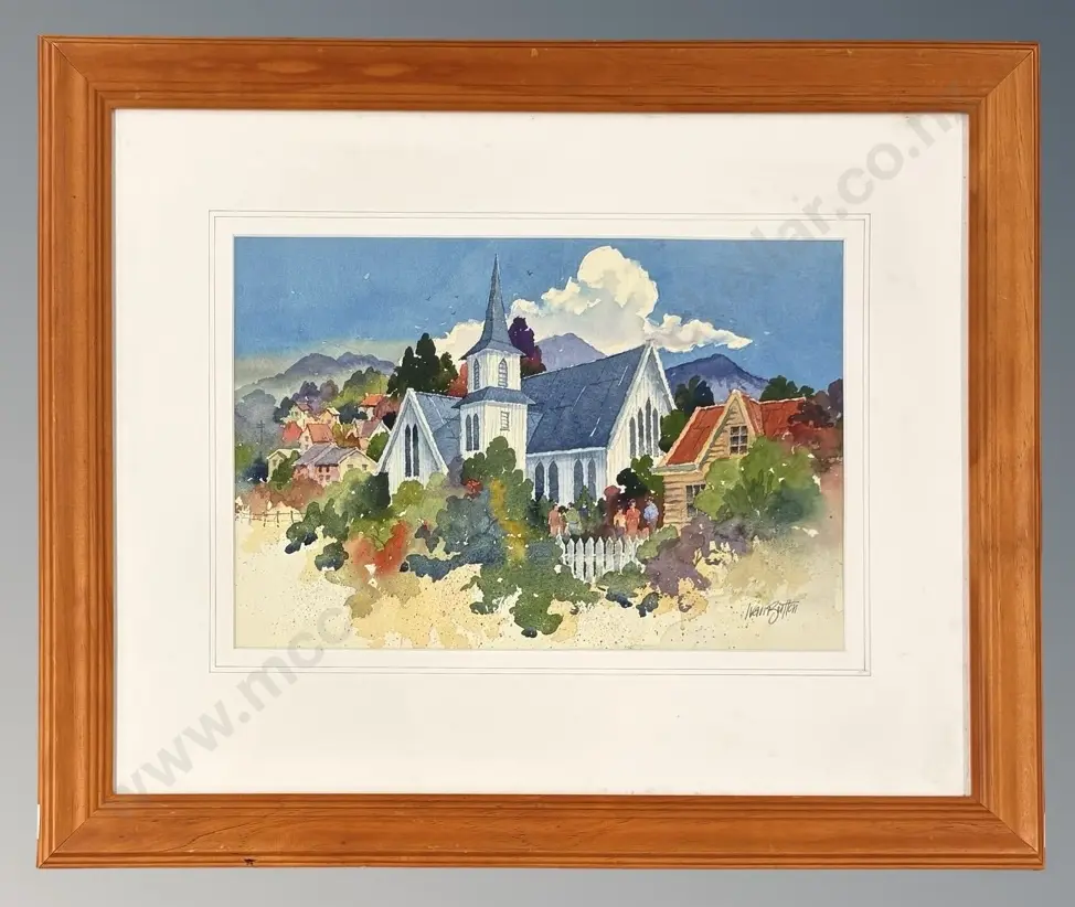 Ivan Button - Church in Akaroa, watercolour on paper, 235x355mm Image 1++