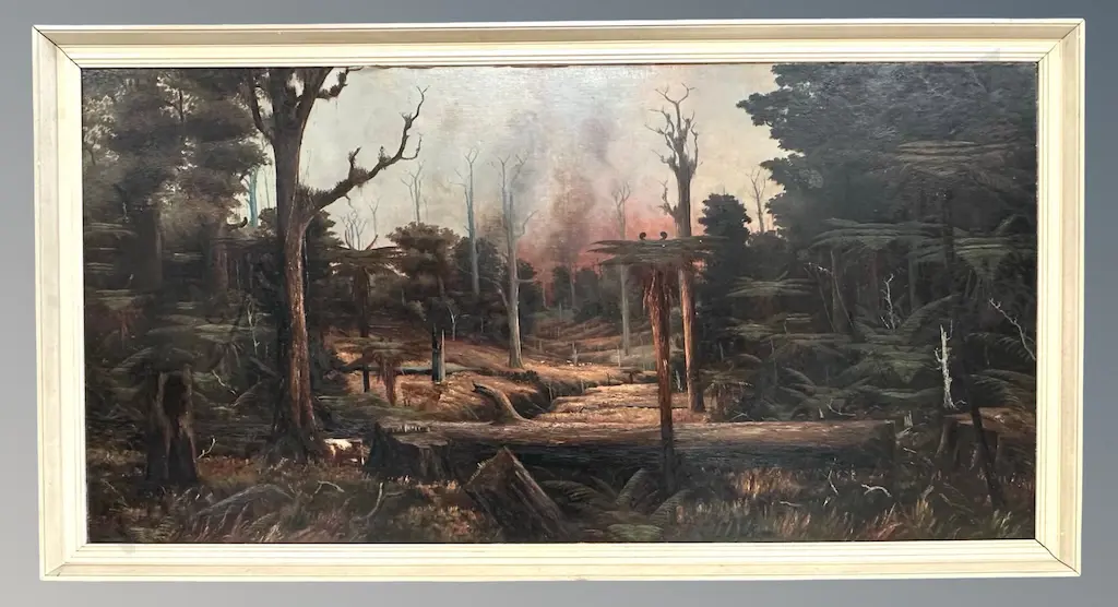 George Edmund Pruden - Early New Zealand Bush Scene, 1906, oil on board, 900x1830mm Image 1++