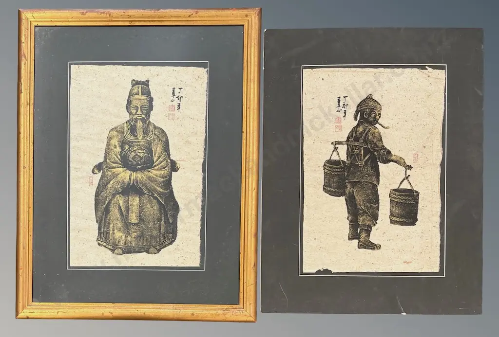 Two Chinese Prints on Rice Paper - The Waterman (unframed) and Emperor (Framed) 490x320mm Image 1++