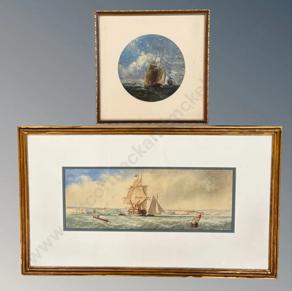 T B Hardy - Sailing Ship, Brighton, 1854, oil on board, D140mm & Unsigned - Ship in Full Sail, watercolour on paper, Image 1++