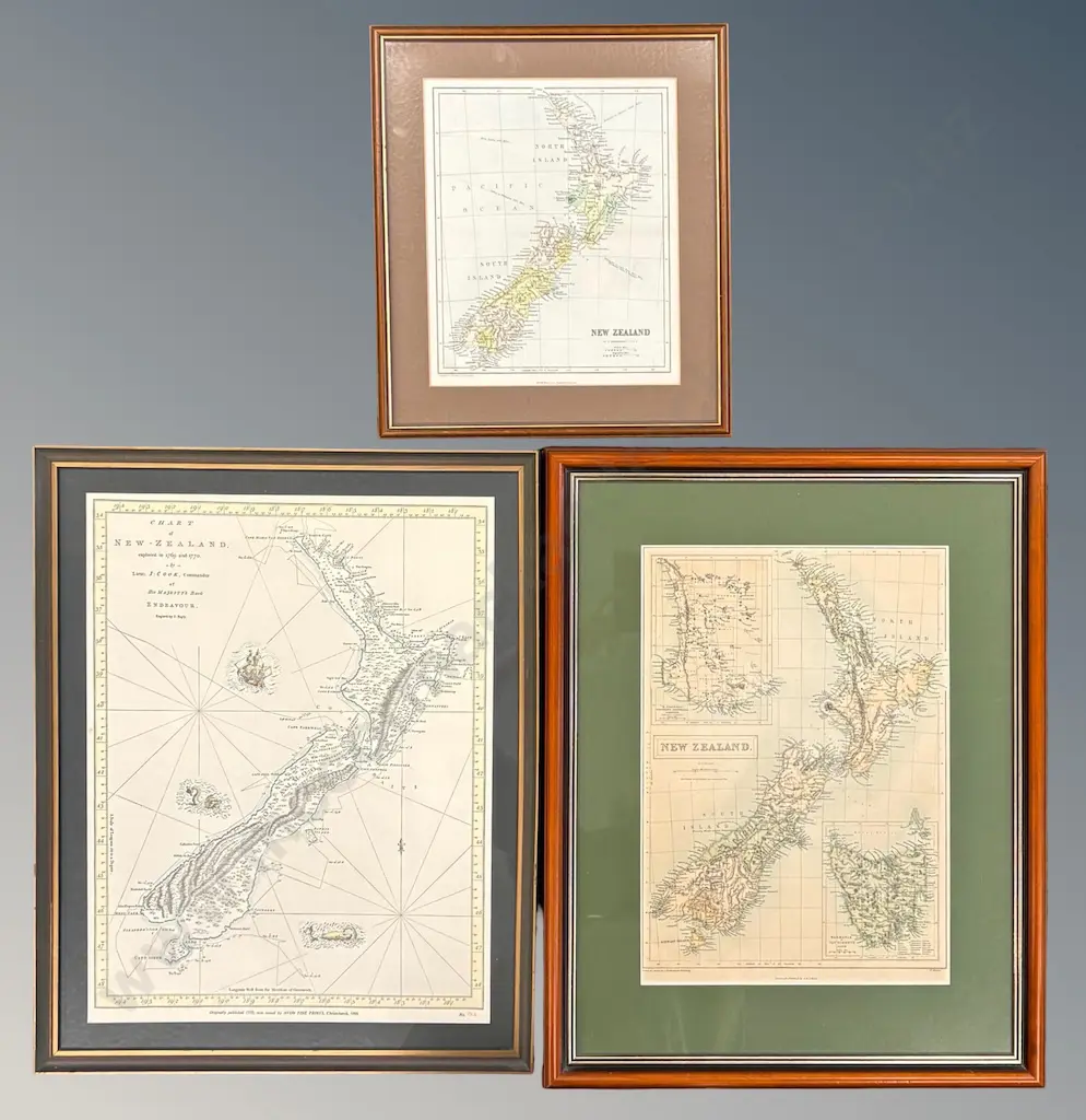 Two Early and one Vintage Framed New Zealand Maps 480x360mm - 270x230mm Image 1++