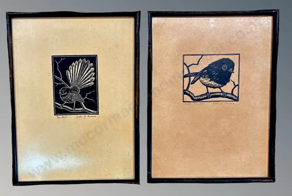 John F Moore (2) - Fantail & NZ Tomtit, woodblock prints on paper, 200x140mm Image 1++