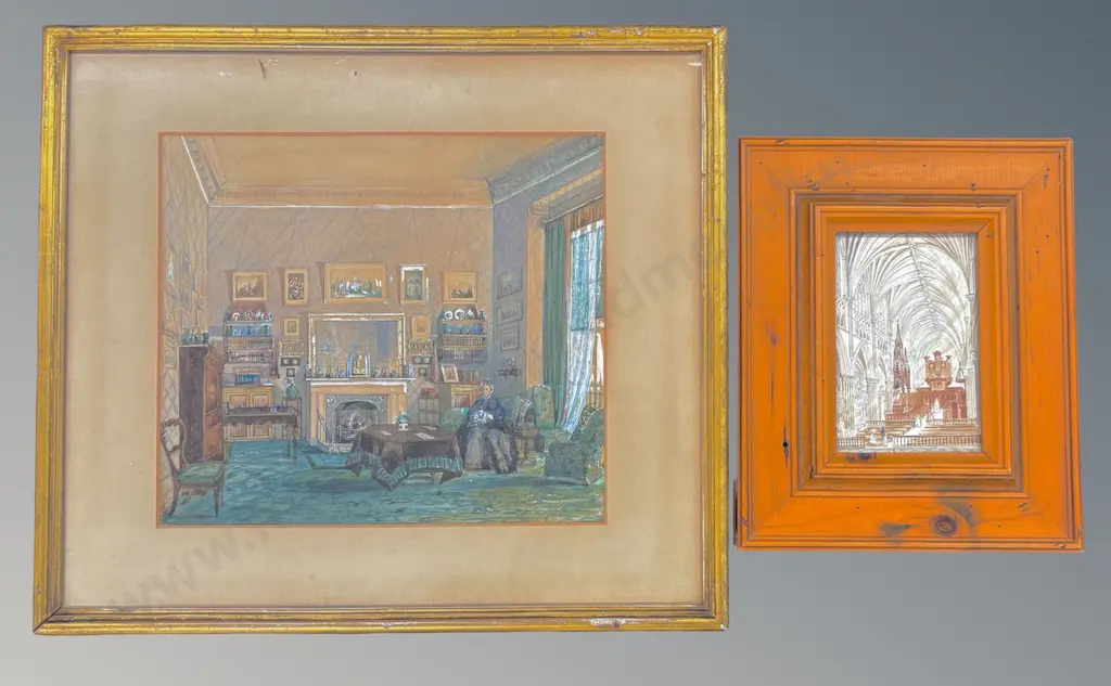W Lancaster - Exeter Cathedral, 1837, watercolour 140x90mm & Early Victorian Drawing Room, watercolour on paper Image 1++
