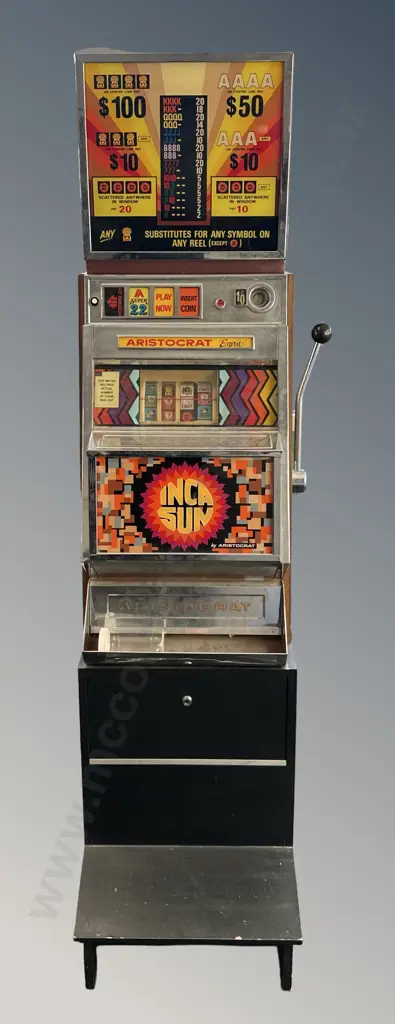 'Inca Sun' Slot Machine by Aristocrat Automatics (Sales) Ltd, USA, Polished Chrome with Wooden Sides & Image 1++