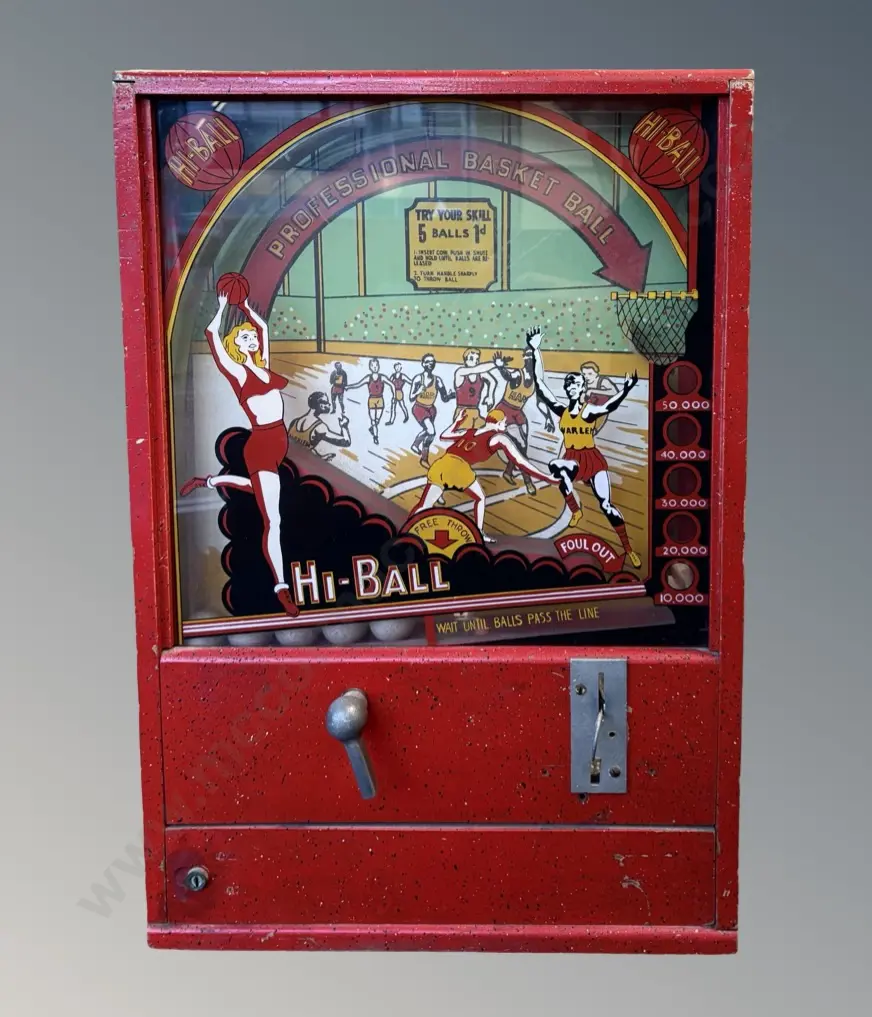 Mid Cent 'Hi-Ball' Basketball Wall Mounted Mechanical Coin Operated Skill Game, H67x45.5xD16cm Image 1++