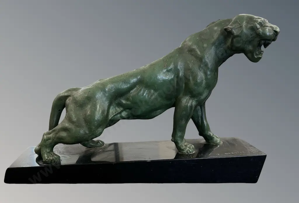 Spelter Sculpture of a Snarling Panther with Green Patinated Finish, signed Thomas Cartier, L34xW21cm Image 1++