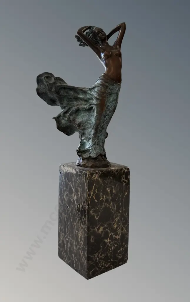 Green Patternated Bronze Woman in the Wind Sculpture Mounted on Marble Base, J.B Deposee, Paris, Embossed Mark H32cm Image 1++