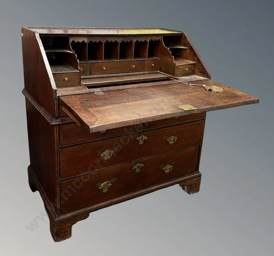 Georgian Oak Drop Front Bureau with Brass Escutcheons and Bracket Feet H99xW95xD54cm Image 1++