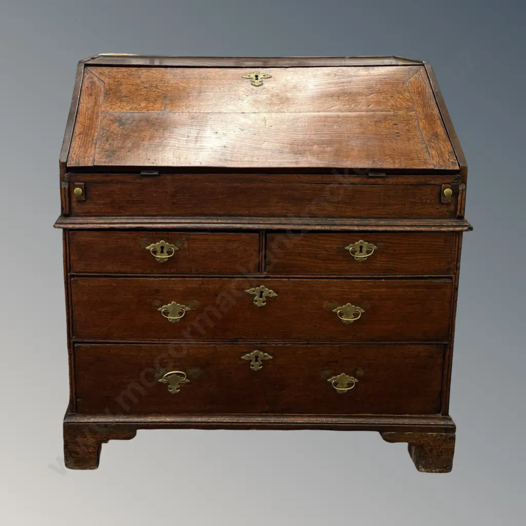 Georgian Oak Drop Front Bureau with Brass Escutcheons and Bracket Feet H99xW95xD54cm Image 1++
