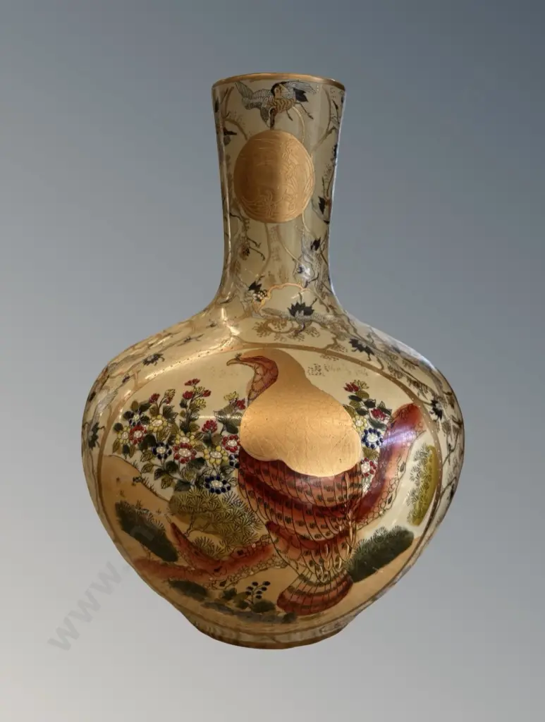Large Satsuma Pottery Onion Shape Vase, Birds and Floral Design, heavily gilded, H41cm Image 1++