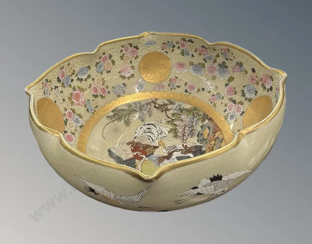 Large Satsuma Pottery Bowl with Birds and Floral Design, heavily gilded with scallop edge, D40x18cm Image 1++