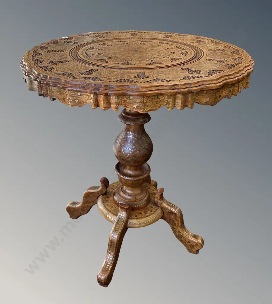 Teak Circular Table with Heavily Decorative Carved and Brass Inlay Floral Patterns on 4 Point Base, H78xDia73cm Image 1++