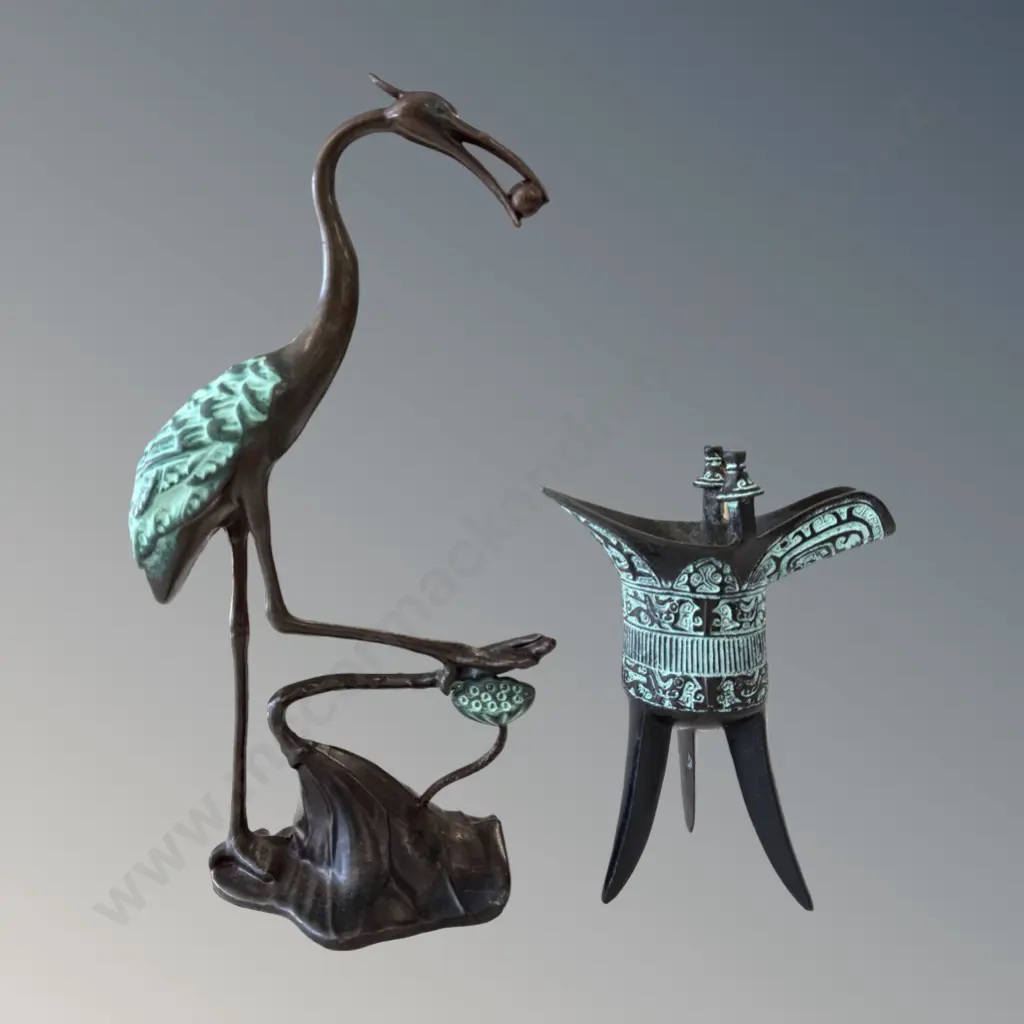 Japanese Copper Crane with Ball in Mouth, H27cm and Chinese Metal Wine Jew Wine Vessel, H14cm Image 1++