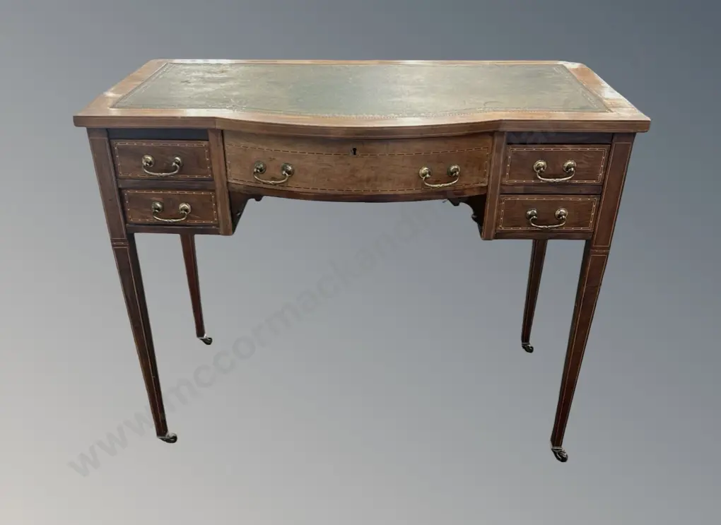Edwardian Kidney Shaped 4 Drawer Desk with Ebony & Fruitwood Stringing & Leather Inlay Top, L91xH73xD50cm, AF Image 1++