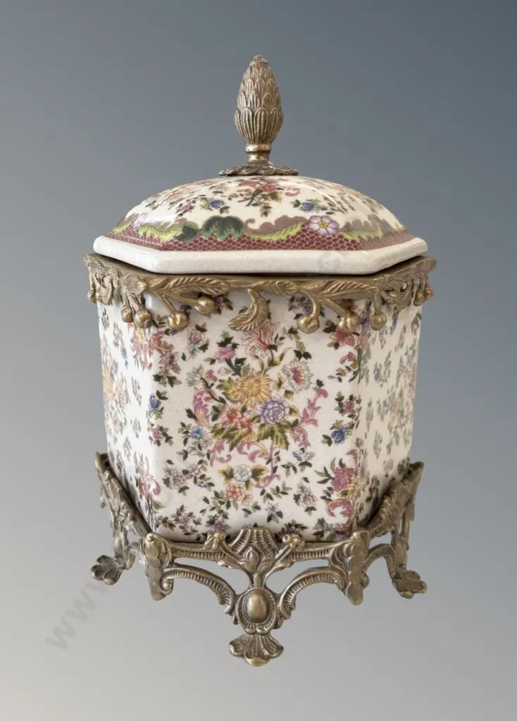 Hexagonal Porcelain Lidded Container with Decorative Brass Detailing, H23cm Image 1++