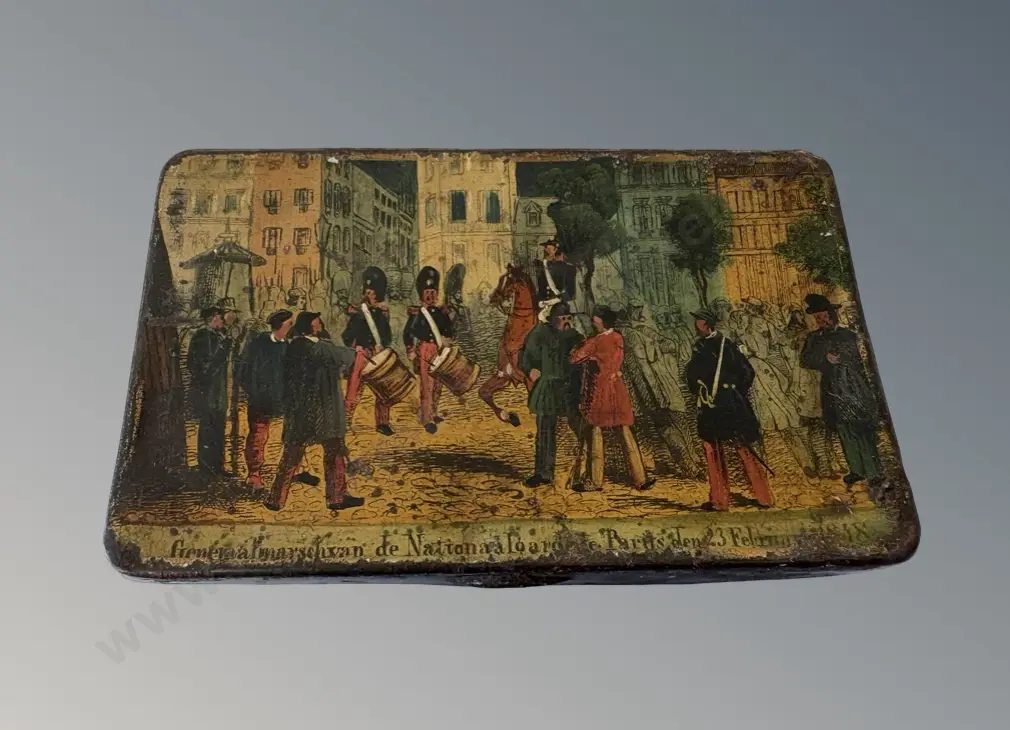 Early Enamelled Tin with Paris Revolution of 1848 Pictorial Lid L12cm Image 1++