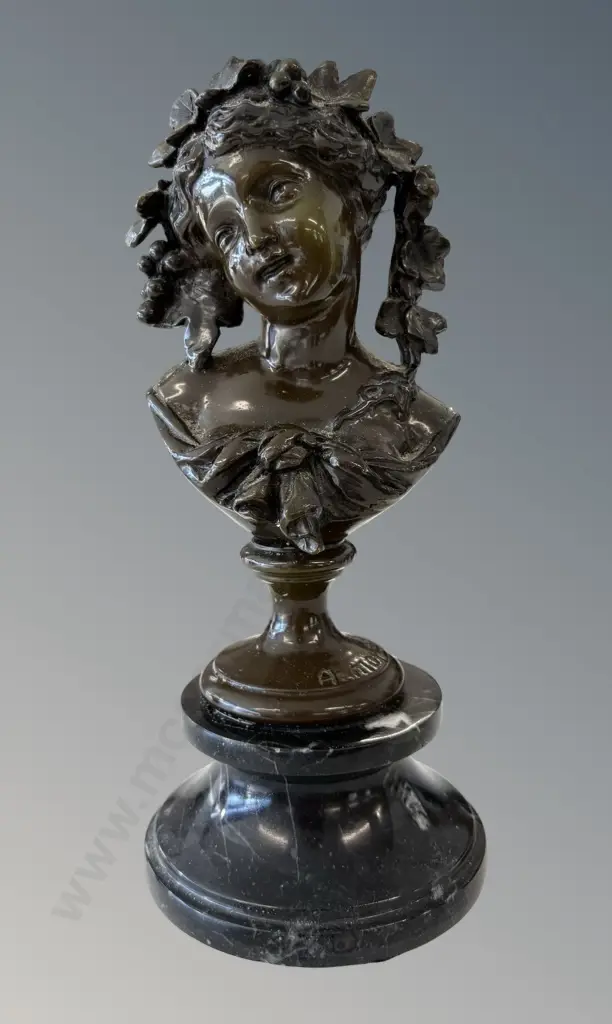 Bronze Bust Girl with Grape Leaf Crown on Marble Base signed A. Mareau, H23cm Image 1++