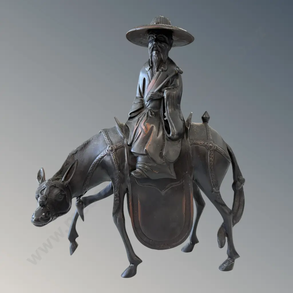Metal with Brown Patina Toba Riding on Mule, H33x23cm Image 1++
