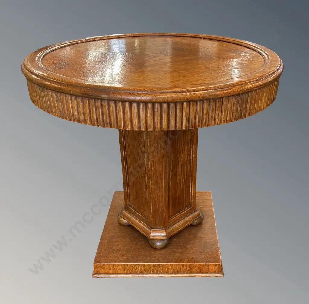Oak Art Deco Style Drum Table with Ribbed Edges and Bun Feet on a Squared Plinth, Dia70xH66cm Image 1++