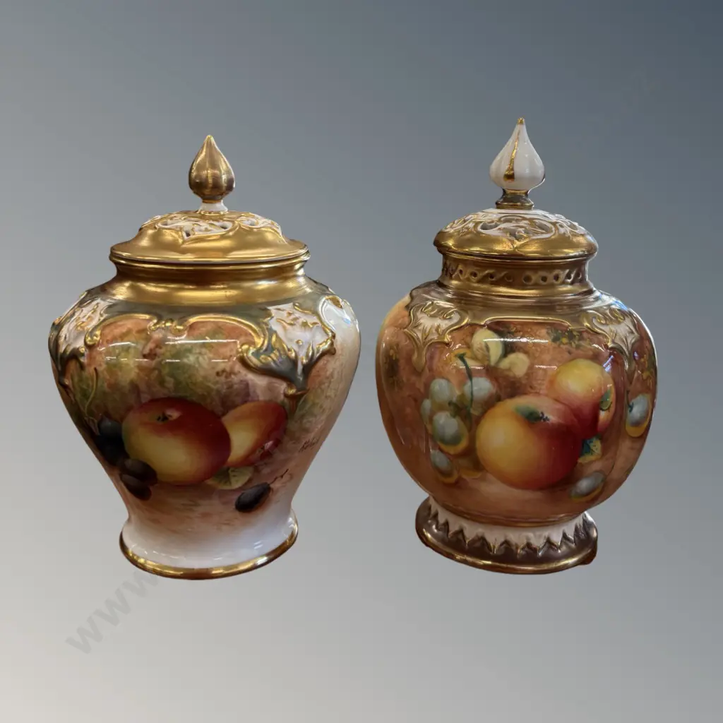 Two Royal Worcester Handpainted Lidded Potpourri Vases, Orchard Fruits, signed, H13cm Image 1++