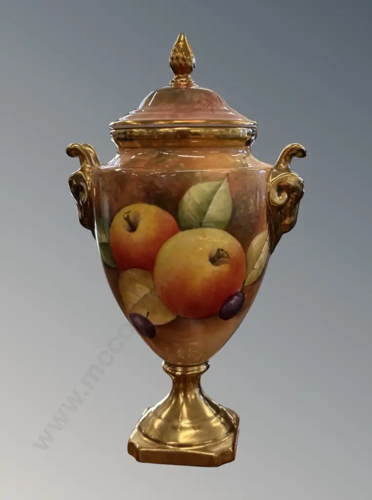 Coalport Handpainted 2 Handled Pedestal Lidded Urn, Orchard Fruits, signed by AB Baggott, H19cm Image 1++