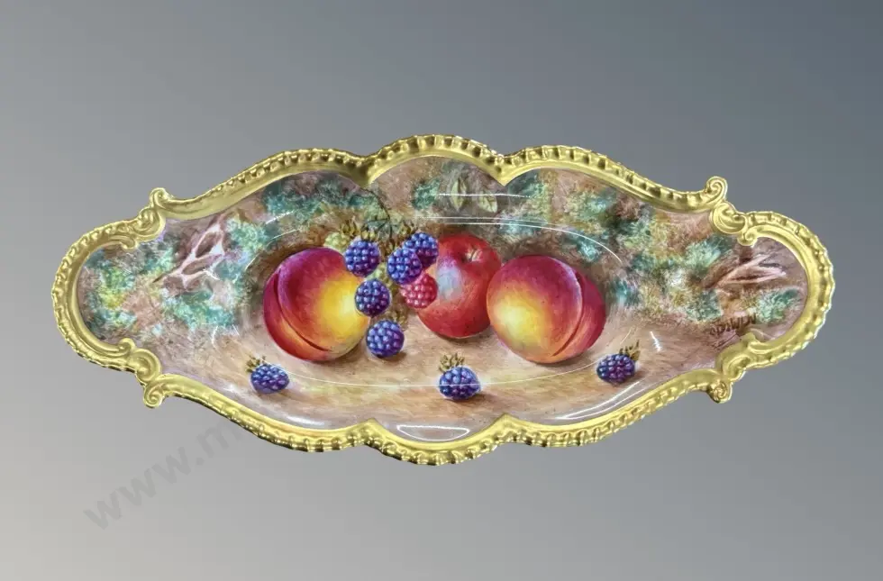 Royal Worcester Handpainted Shallow Dish with Scrolled Gilt Edge, Orchard Fruits, signed C Bowen, L25.5cm Image 1++