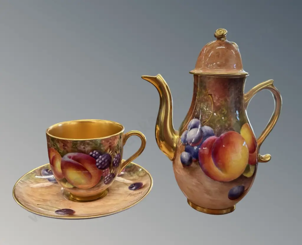 Royal Worcester Handpainted Miniature Coffee Pot, H13cm and Gilded Demitasse Cup and Saucer, Orchard Fruits, H5.5cm Image 1++
