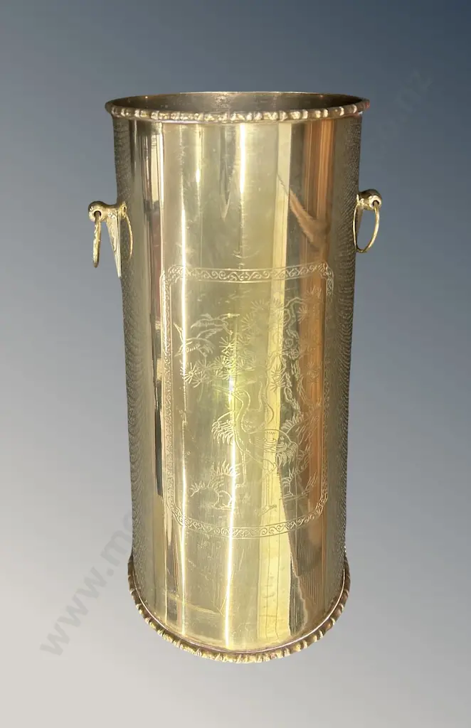 Cylindrical Brass 2 Handled Umbrella Stand with Stork engravings, H45xDia22cm Image 1++
