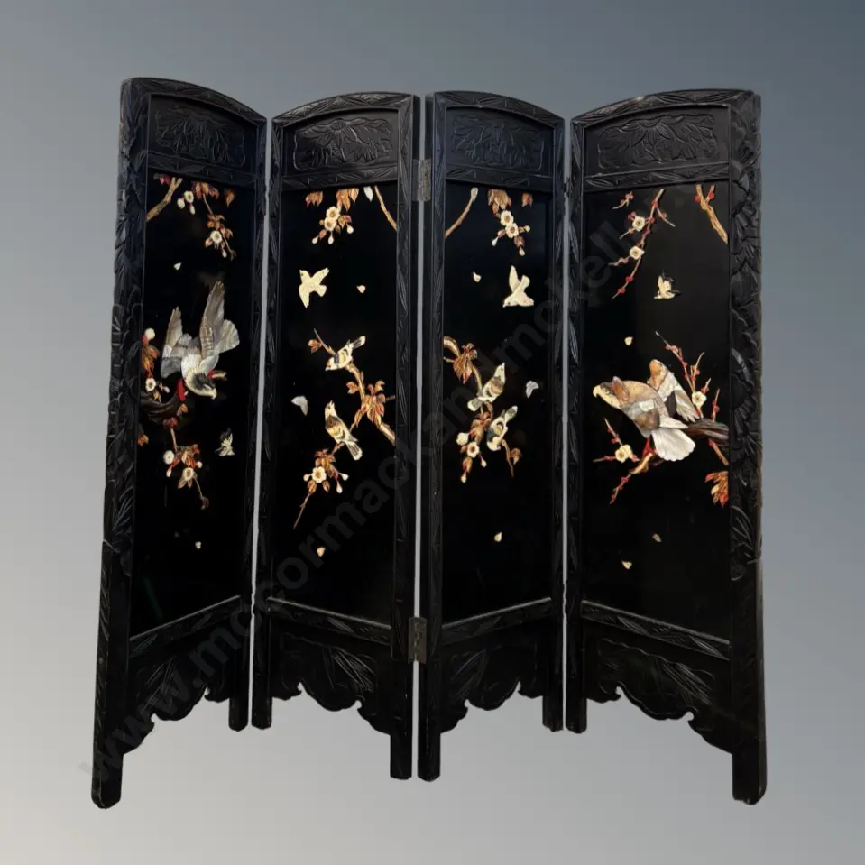 Asian Four Panel Small Folding Screen with Bone, Wood and MOP Bird & Blossom Motifs, H90xL110cm Image 1++