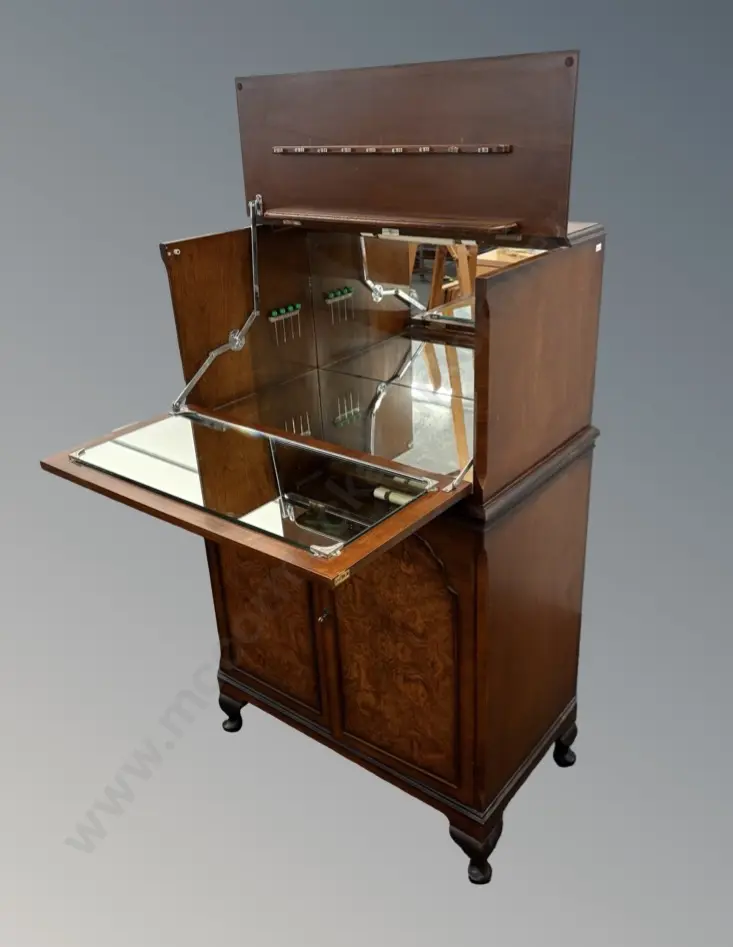Mahogany Drinks Cabinet with Burr Walnut Veneer Front Panels and Mirrored Interior H122xW72D41cm Image 1++
