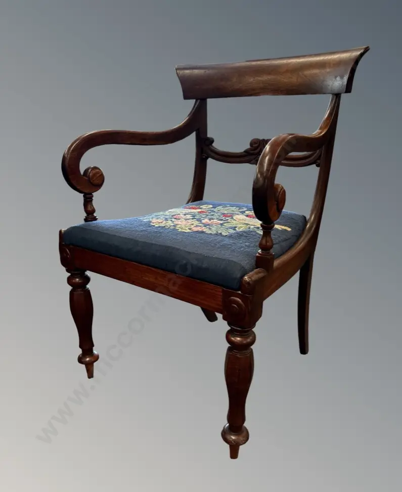 Mahogany Blade Back Elbow Chair with Tapestry Upholstered Seat  Image 1++