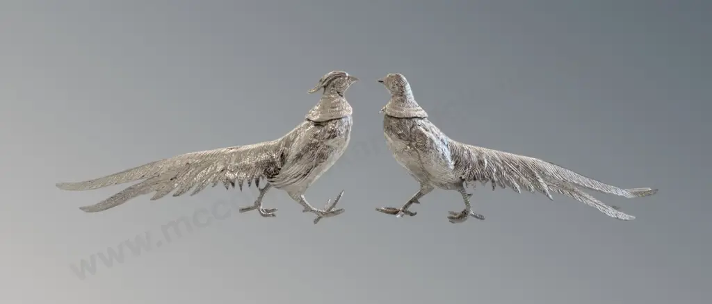 Pair of Silvered Metal Pheasants H14cm Image 1++
